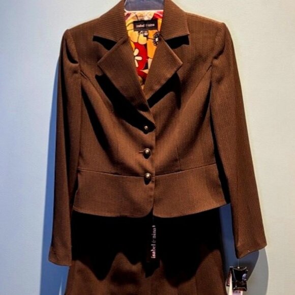 NWT Isabel & Nina Career Suit Set Blazer Jacket Scalloped Midi Skirt Brown Sz 2 - Picture 1 of 8
